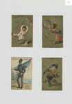 Trade cards depicting children playing with bubbles, a soldier and a hunting accident.