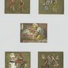 Trade cards depicting children : traveling, painting a sculpture, sitting on pillows, playing an instrument, with swords and binoculars.