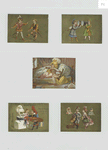 Trade cards depicting children : traveling, painting a sculpture, sitting on pillows, playing an instrument, with swords and binoculars.