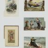 Trade cards depicting a sleigh made from a boot, a boy sitting in a boot, a women being carried on lounge chair made from a shoe, a girl with a flower basket and a girl standing in a road.