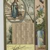 [A calendar and trade card depicting birds, winter, snow, butterfly, holly, a vase of flowers and a women walking down stairs]