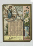 [A calendar and trade card depicting birds, winter, snow, butterfly, holly, a vase of flowers and a women walking down stairs]