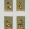 [Trade cards using months as themes depicting children : collecting flowers, catching a boot with a fishing pole, with a mask, holding a paper and bag.]