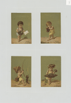 Trade cards using months as themes depicting children : collecting flowers, catching a boot with a fishing pole, with a mask, holding a paper and bag.