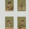 [Trade cards using months as themes depicting children : wading in the ocean, carrying books, holding a rifle and being chased away by a rabbit, with hats, a sword and umbrella.]
