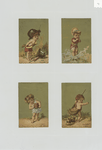 Trade cards using months as themes depicting children : wading in the ocean, carrying books, holding a rifle and being chased away by a rabbit, with hats, a sword and umbrella.