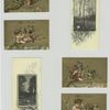 Trade cards depicting landscapes, babies sitting on tree limbs with birds : eating berries, painting, lighting a fire in the snow and using a ragged umbrella ; verso depicts a lion.