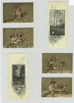 Trade cards depicting landscapes, babies sitting on tree limbs with birds : eating berries, painting, lighting a fire in the snow and using a ragged umbrella ; verso depicts a lion.