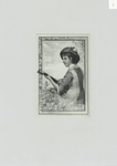 [A trade card depicting a woman playing a guitar outdoors.]