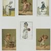 Trade cards using months as themes depicting children : spilling wine, roasting chestnuts and with a large wooden clog ; Cards depicting a girl : setting a table for tea, holding a bouquet and sitting on a fence.