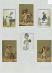 Trade cards using months as themes depicting children : spilling wine, roasting chestnuts and with a large wooden clog ; Cards depicting a girl : setting a table for tea, holding a bouquet and sitting on a fence.