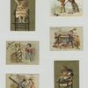 [Trade cards depicting instruments, musicians, hunting toy animals, a couple on a boat with a very long map, a large drum, children in highchairs : writing and feeding a doll.]