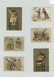Trade cards depicting instruments, musicians, hunting toy animals, a couple on a boat with a very long map, a large drum, children in highchairs : writing and feeding a doll.