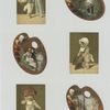 [Trade cards depicting children trying on adult sized clothes ; cards shaped like paint palettes depicting a couple in the forest, women fishing and a seaside town.]