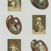 Trade cards depicting children trying on adult sized clothes ; cards shaped like paint palettes depicting a couple in the forest, women fishing and a seaside town.