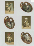Trade cards depicting children trying on adult sized clothes ; cards shaped like paint palettes depicting a couple in the forest, women fishing and a seaside town.