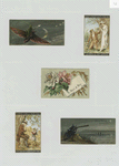 Trade cards and calendars depicting the moon, flowers, insects, telescopes, harvesting crops, men and women.