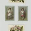 [Trade cards depicting flowers, girls, Easter eggs and a barn interior.]