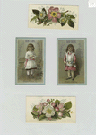 Trade cards depicting flowers, girls, Easter eggs and a barn interior.