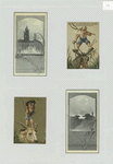 Trade cards and calendars depicting landscapes, peacock feathers and boys riding on the heads of a donkey and steer.