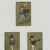 Trade cards depicting a boy : looking through a telescope with a bee at it's end, walking off a ledge while reading a book, hat blowing off and umbrella being blown inside out.