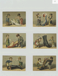 Trade cards depicting people and large shoes or miniature people and regularly sized shoes.