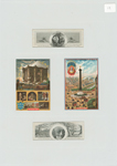 Trade cards depicting birds, landscapes, a mill, the fall of Bastille and Bastille Day.