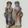 [An embossed trade card depicting a girl and boy walking and carrying bags, flowers, an umbrella and a bird.]