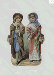 [An embossed trade card depicting a girl and boy walking and carrying bags, flowers, an umbrella and a bird.]