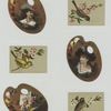 Trade cards depicting birds and cards shaped like painting palettes depicting portraits of men, a basket of flowers and a fan.