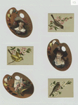 Trade cards depicting birds and cards shaped like painting palettes depicting portraits of men, a basket of flowers and a fan.