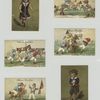 Trade cards depicting children dressed as jockeys with fake horses, and lessons for children.