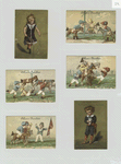 Trade cards depicting children dressed as jockeys with fake horses, and lessons for children.