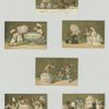 Trade cards depicting jars of meat at various places and occasions : on a dog pulled sled, being used by chefs, at a wedding, being enjoyed by jesters and with people holding the flags of various countries.
