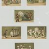 Trade cards depicting jars of meat, chefs, women, a cannon, and men with jar bodies.