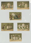 Trade cards depicting jars of meat, chefs, women, a cannon, and men with jar bodies.