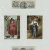 Trade cards depicting Little Red Riding Hood in the snow, a woman by a well being spied on, boats and buildings.