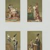 Trade cards depicting a mother, children, angels and interior space.