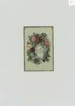 A trade card depicting a horseshoe and flowers.