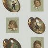 Trade cards depicting children's heads framed by torn paper and cards shaped like a paint palettes depicting boys : fishing, catching butterflies and hunting birds.
