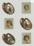 Trade cards depicting children's heads framed by torn paper and cards shaped like a paint palettes depicting boys : fishing, catching butterflies and hunting birds.