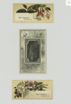 Trade cards depicting flowers and a river landscape.