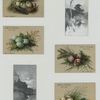 [A calendar and trade cards depicting eggs, landscapes and a house with a chimney.]