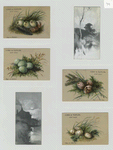[A calendar and trade cards depicting eggs, landscapes and a house with a chimney.]