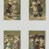 Trade cards depicting girls : fishing, with a bird, holding flowers, dolls and umbrellas.