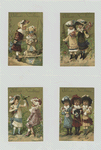 Trade cards depicting girls : fishing, with a bird, holding flowers, dolls and umbrellas.