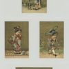 Trade cards of Asia depicting a boy playing violin to a dog, a boy smoking a pipe, a woman forming in the smoke and girls in kimonos.