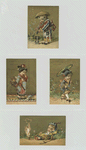 Trade cards of Asia depicting a boy playing violin to a dog, a boy smoking a pipe, a woman forming in the smoke and girls in kimonos.