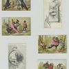 [A calendar and trade cards depicting landscapes of a river and ocean, monkeys painting shoes and using shoes as : a chair, highchair and flower container.]
