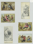 [A calendar and trade cards depicting landscapes of a river and ocean, monkeys painting shoes and using shoes as : a chair, highchair and flower container.]